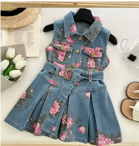 New Baby Summer Girls Jean Printed Vest Dress, Princess Kids Fashion Party Dresses 2-8 T