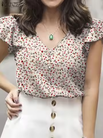 Summer Printed Blouse ZANZEA Bohemian Floral Tops Women V Neck Short Sleeve Shirt Casual Holiday Bea