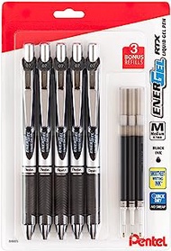 Pentel EnerGel Liquid Gel Ink Pens 0.7 mm - Pack of 5 Black Deluxe RTX Energel Pens with 3 Refills
