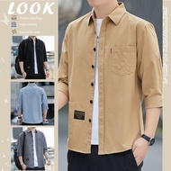 Plus Size Men Shirt/Plain Three Quarter Sleeve Blouse/Korean Loose Casual Short Sleeve Top 衬衫 M-3XL 