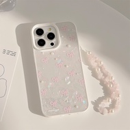 3D วางสีขาวมุกเต็มหน้าจอสีชมพูโบว์กรณีสำหรับ iPhone 11 12 13 14 15 Pro Max เชลล์ลวดลายสีขาวปกแข็งปลอ