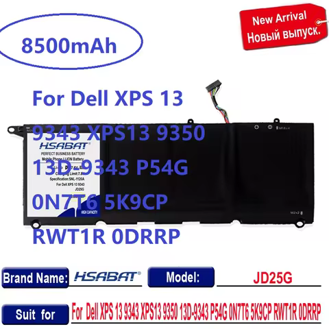 HSABAT 90V7W JHXPY JD25G 090V7W 8500mAh Laptop Battery For Dell XPS 13 9343 XPS13 9350 13D-9343 P54G