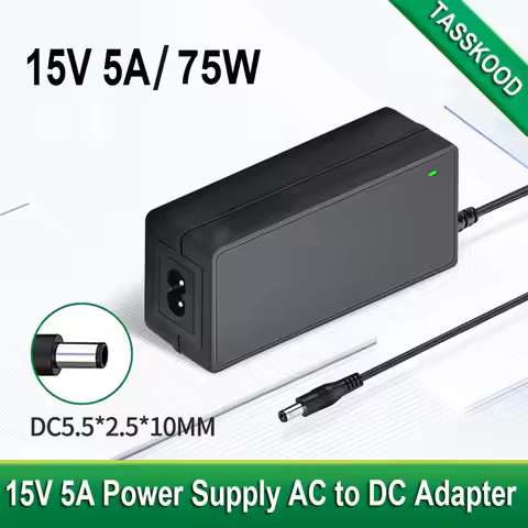 15V 5A Power Supply - 15V 5A 75W Power Adapter Charger 100-240V AC to DC Converter 5.5x2.5mm Replace