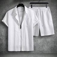 Men Solid Pocket Patched Shirt & Shorts, Men All White ชายหาด Set, Men Two Pieces Set Summer, Manfin