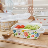 Enamel Flower Butterfly Rectangular Fresh-keeping Box with Ear Baking Pan Lunch Box Sealed Dishes Oven Dishwasher-FL0219
