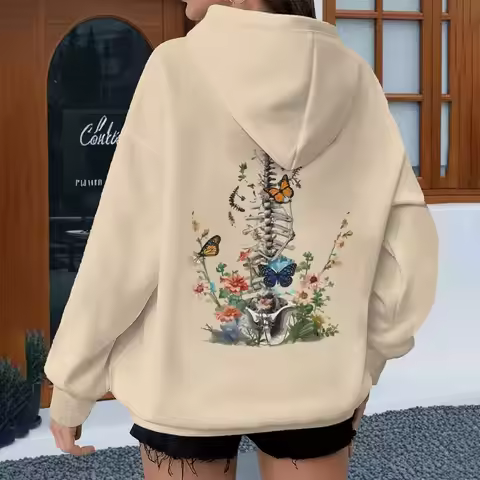 Fashion Casual Skeleton & Floral Print Sweatshirt Harajuku Y2K Streetwear Clothes Vintage Aesthetic 