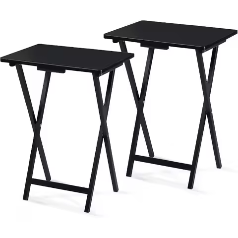 PJ Wood - Folding TV Tray Table Set of 2 - Black Collapsible Snack Tables