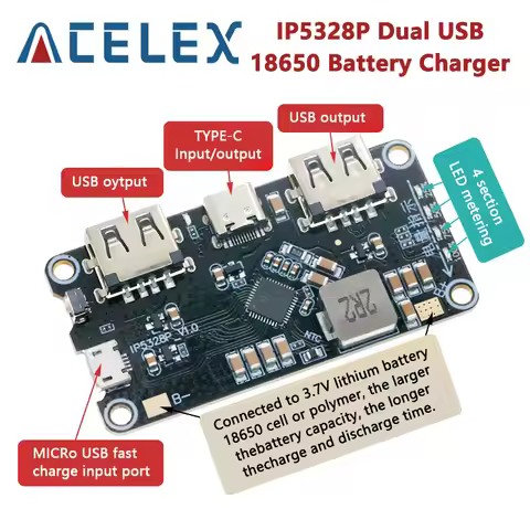 IP5328P Dual USB 18650 Battery Charger treasure Tpye-c 3.7V to 5V 9V 12V Step up Fast Quick Charger 