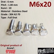 M6x20mm STAINLESS HEX BOLT 304 GRADE A2-70 KEY 10 PITCH 1.00 RUST RESISTANT M6