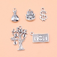 5pcs Antique Silver Color Money Bag Dollar Bill Lucky Cat Money Tree Charms Collection, 5 Styles, 1 