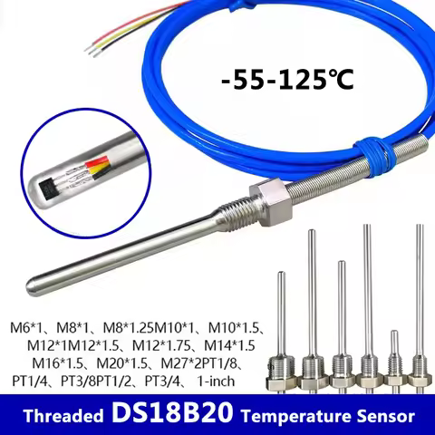 DS18B20 Waterproof Temperature Sensor Stainless Steel Probe, PTFE Threaded Digital Thermometer for I