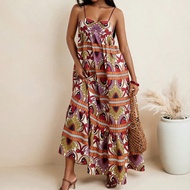 Boho Printed Spaghetti Straps Ruched A-Line Oversized Dress Vacation Dress Women Maxi Dress Women Va