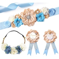 Blue Floral Maternity Sash and Corsage Set with Hairband, Mom to Be Sash, Daddy to Be Corsage, Blue 