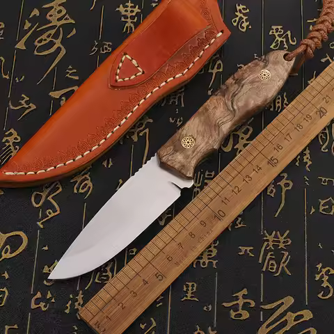 14C28N integrated steel shadow wood handle fixed knife for outdoor jungle hunting, self-defense, cam