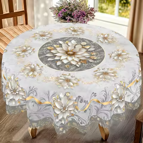 1 Piece of Elegant White and Gold Floral Tablecloth + 4 Self-Adhesive, Retro Silver Gray Luxury Styl