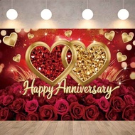 Happy Anniversary Red Rose Golden Interlocking Hearts Polyester Waterproof Banner Backdrop Sparkle B