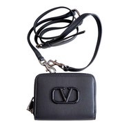 意大利名牌正版VALENTINO黑色V 字 真皮小銀包零錢包斜跨包小廢包