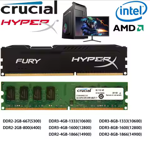 Crucial HyperX Fury DDR3 DDR3L DDR2 Memory PC RAM 8GB 4GB 1333 667 800MHz 1600 1866MHz DIMM PC2-6400