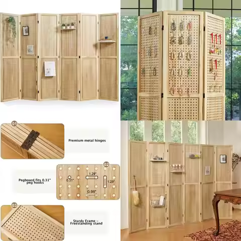 Portable 5.6 Feet Freestanding Wooden Wall Organizer Craft Art Display Folding Privacy Screen Room D