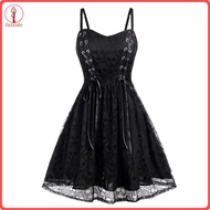 fulaide Loose Hem Punk Dress Women Punk Dress Vintage Goth Punk Rock Style Lace Mesh Mini Dress with