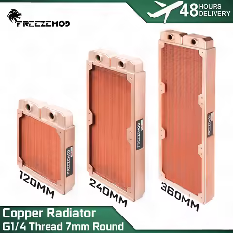 FREEZEMOD 7mm Round Tube Copper Radiator G1/4 Thread * 2 Brass Water Chamber/protective Plate Fins f