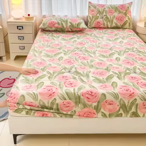 3pcs set Soft Bedsheet with Pillowcase Floral Style Fitted Sheet Non-slip Bed Cover Adults Kids Room
