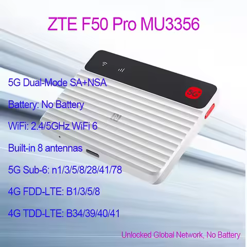 Unlocked ZTE 5G Portable WiFi Hotspot F50 Pro MU3356 Dual Bands 2.4/5GHz 5G SA+NSA 4G LTE CAT13 Sim 