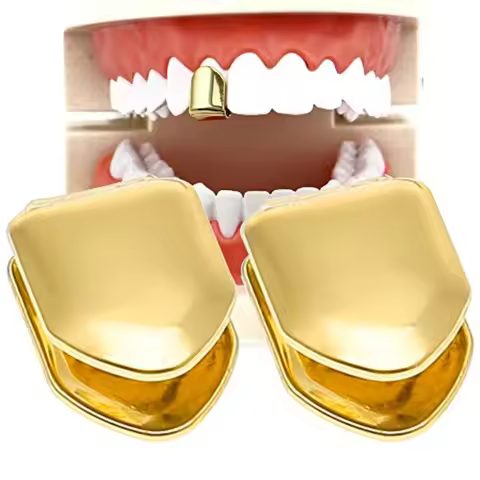 2 Pieces 14K Plated Gold Grillz Mouth Teeth, Hip Hop Teeth Plain, Top Tooth Single Grill Cap for Tee