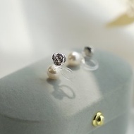 細緻玫瑰花 925純銀 珍珠耳環 雙面配戴 夾式耳環