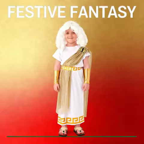 Boys Zeus Costume White Roman God Outfit Greek Mythology Stage Wear with Gold Trim for Christmas Per