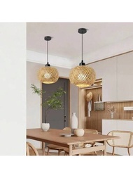 竹藝燈籠吊燈手編天花板編織吊燈藤製懸掛LED燈具，適用於臥室餐廳客廳（不含燈泡）