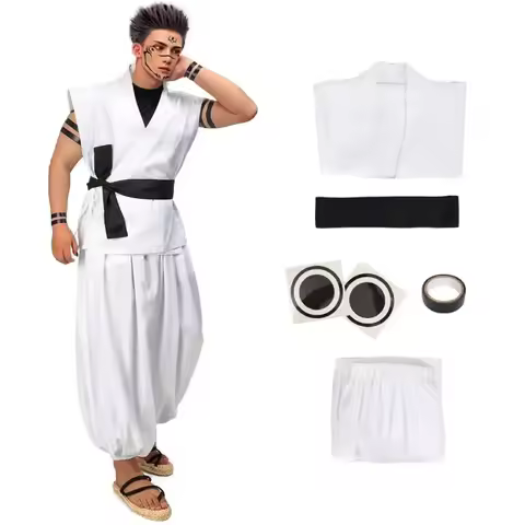 2026 Ryomen Sukuna Costume White Kung Fu Suit with Tattoo Stickers Ryomen Sukuna as Megumi Showdown 