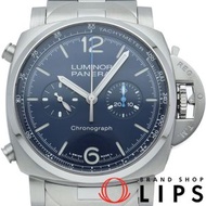 二手沛納海 Luminor 計時碼表 44 毫米藍色 PAM01110。附原廠錶盒和保固卡。不鏽鋼男士腕錶，藍色錶盤，拋光處理，成色極佳。