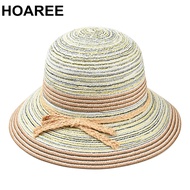 HOAREE Straw Sun Hat Stripe Bucket Hat Women Female Orange Summer UV Protection Bowknot Kawaii Ladies Beach Sun Shade Beach Cap