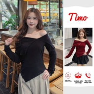 Women's off-the-shoulder, long-sleeved, figure-hugging ribbed shirt with front buttons, Korean fashi