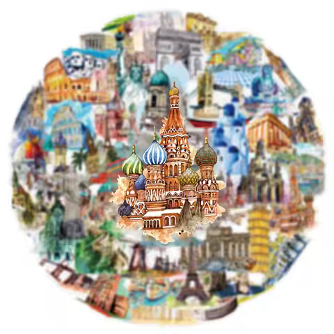 50PCS Transparent Travel World Landmark Building Stickers Phone Laptop Luggage Guitar Notebook Stick
