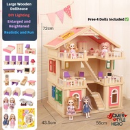 Large Wooden Dollhouse with Furniture & 4 Dolls | 3-Storey Villa Toy with LED Light | Pretend Play f