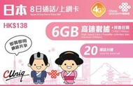 中國聯通 - 日本8天 4G/3G 無限上網卡數據卡Sim咭 (首6GB高速數據)[H20]