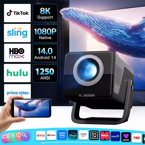 Lyncast 8K Projector 1200 Lumens Native 1080P, Android 14.0 H726 Chip Voice Remote, WiFi6 Portable G