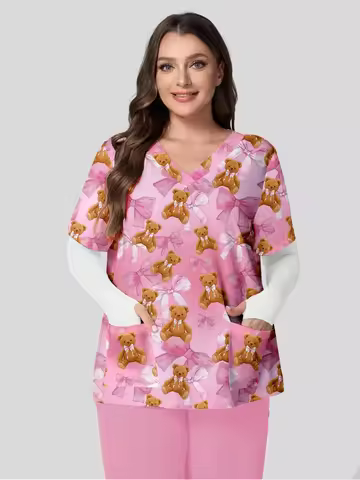 Clinic Hospital Nursing Working Uniform Teeth Dentist T-shirt Womens V-Neck Pocket Medical Uniforms 