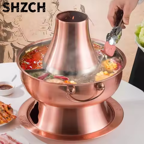Outdoor Copper Charcoal Hot Pot, Traditional Dual-Flavor Mongolian Lamb Stew Pot Commercial Use, Car