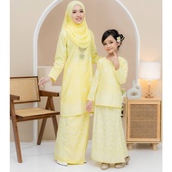[Warna Soft Yellow] Baju Kurung Moden Songket Bunga Tabur Printed Set Ibu Dan Anak