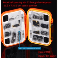 The fishing hook box has 12 waterproof grid boxes 11.5 x 7.3 x 3 cm according to the picture