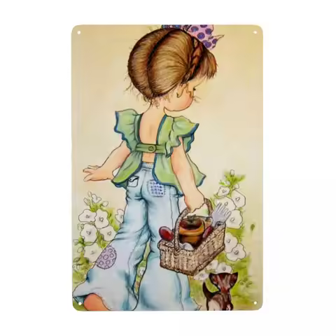 Retro Sarah Kay Girl Cartoon Animation Metal Tin Sign Rectangle Custom Signs Plaque Gate Garden Bars