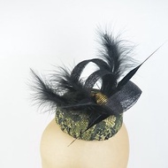 Pillbox Hat in Black &amp; Snake Print with Feathers and Sinamay Twirls and Veil