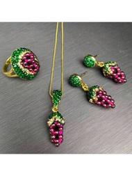 天然石榴石葡萄造型3件套珠寶套裝，捷克水晶鑲嵌手工製作的奢華銅製珠寶套裝，包括項鍊，耳環和戒指，適合正式場合或日常穿著