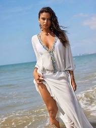 Anewsta Vestido Tipo Pareo Con Cuello En V Profundo Y Color Albaricoque Con Borlas Y Cuentas Coloridas Con Bordado Geométrico Adornado Estilo De Vacaciones En La Playa Para Mujer