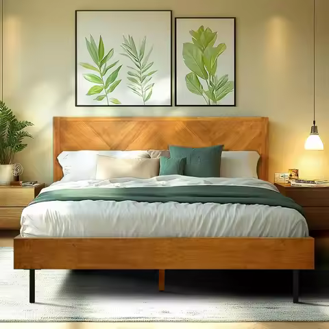 Alander Bed Frame with Headboard Bed Frame Queen Size Solid Wood Platform Bed, Scandinavian Signatur
