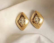 英國 Burberry 名牌古董 經典珠飾邊鑲菱形萊茵石 鍍金耳針