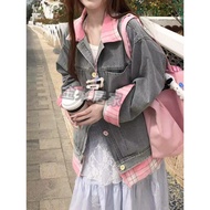 Spring Stitching Plaid Collar Denim Shirt Women Design Loose Lazy Fake Two-Piece Jacket E Y L O 8